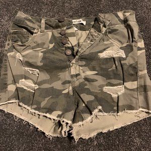 Green Camo Destructed Denim Shorts